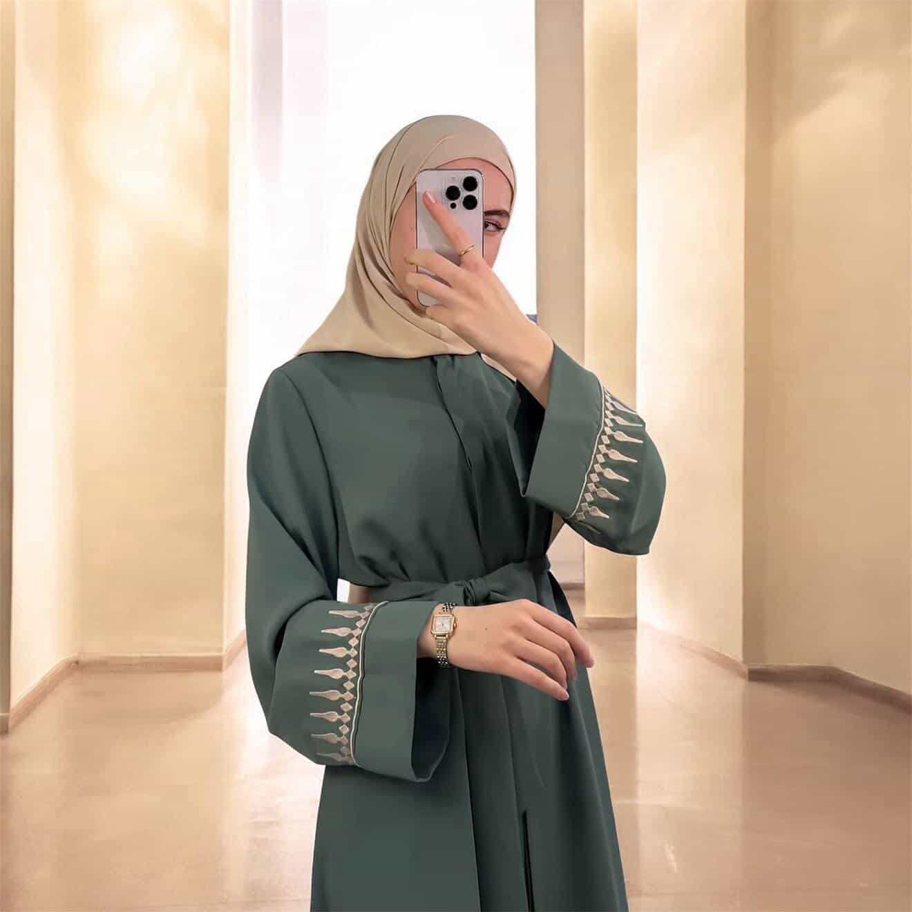 Elegant Forest Green Embroidered Belted Abaya