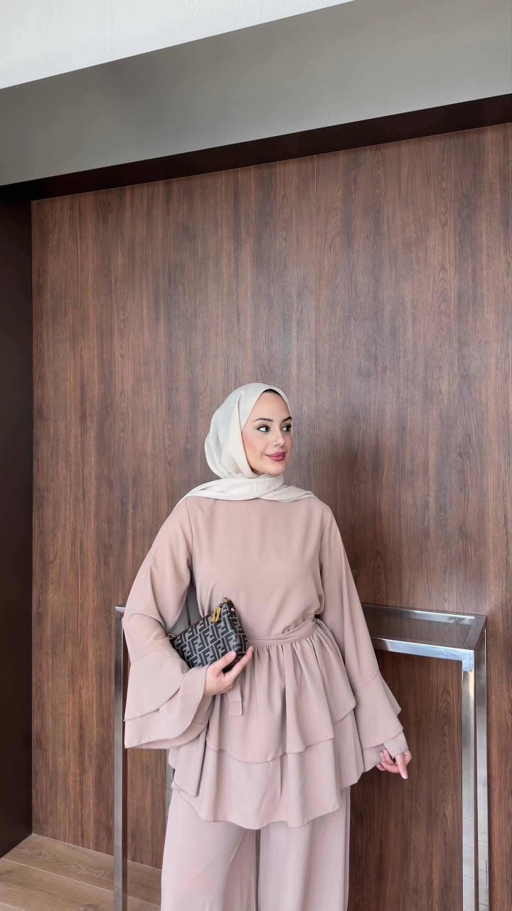 Soft Taupe Layered Ruffle Two-Piece Set
