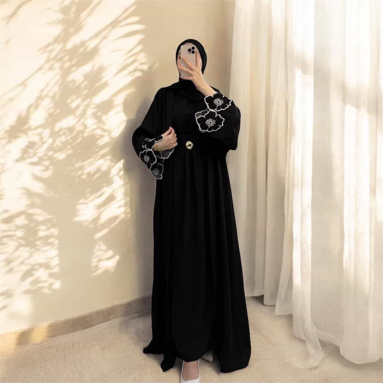 Black Floral Embroidered Belted Abaya