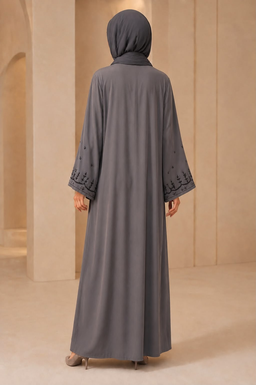 Charcoal Grey Botanical Embroidered V-Neck Abaya