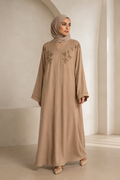 Taupe Floral Embroidered V-Neck Abaya