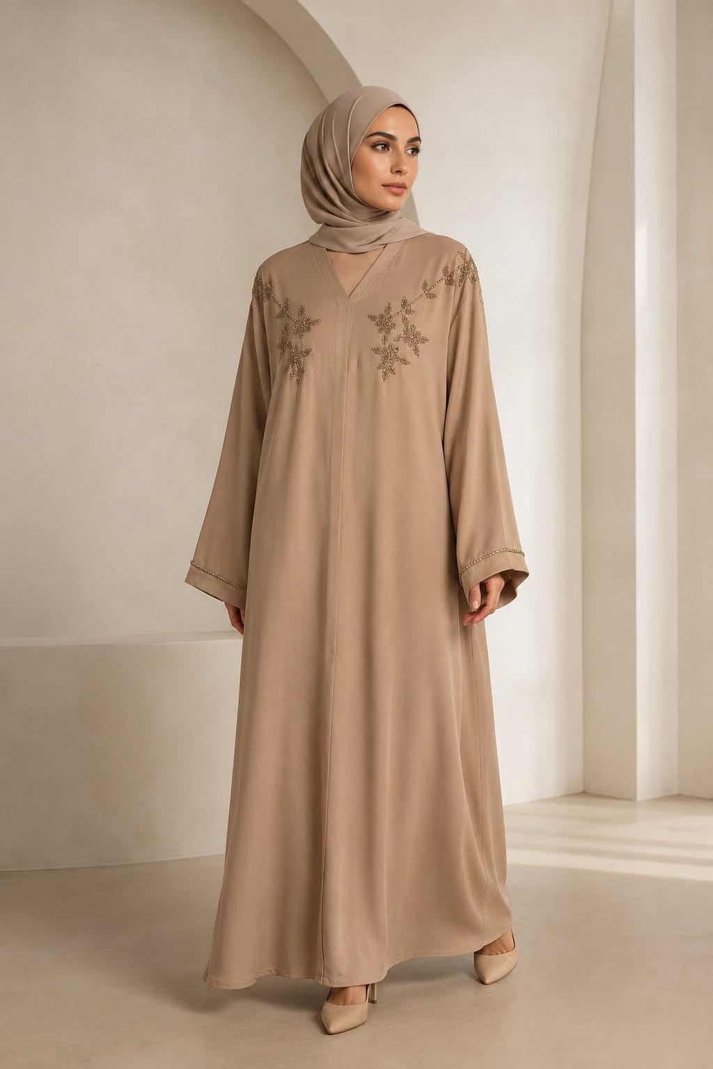 Taupe Floral Embroidered V-Neck Abaya