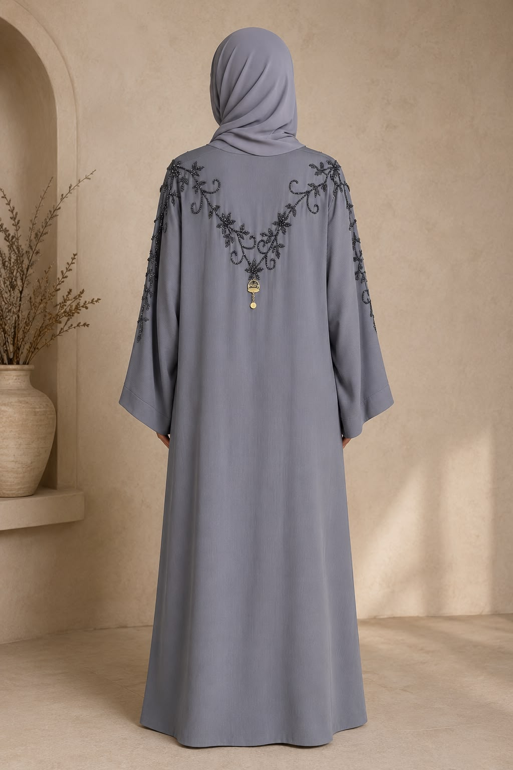 Silver Grey Black Embroidered V-Neck Abaya