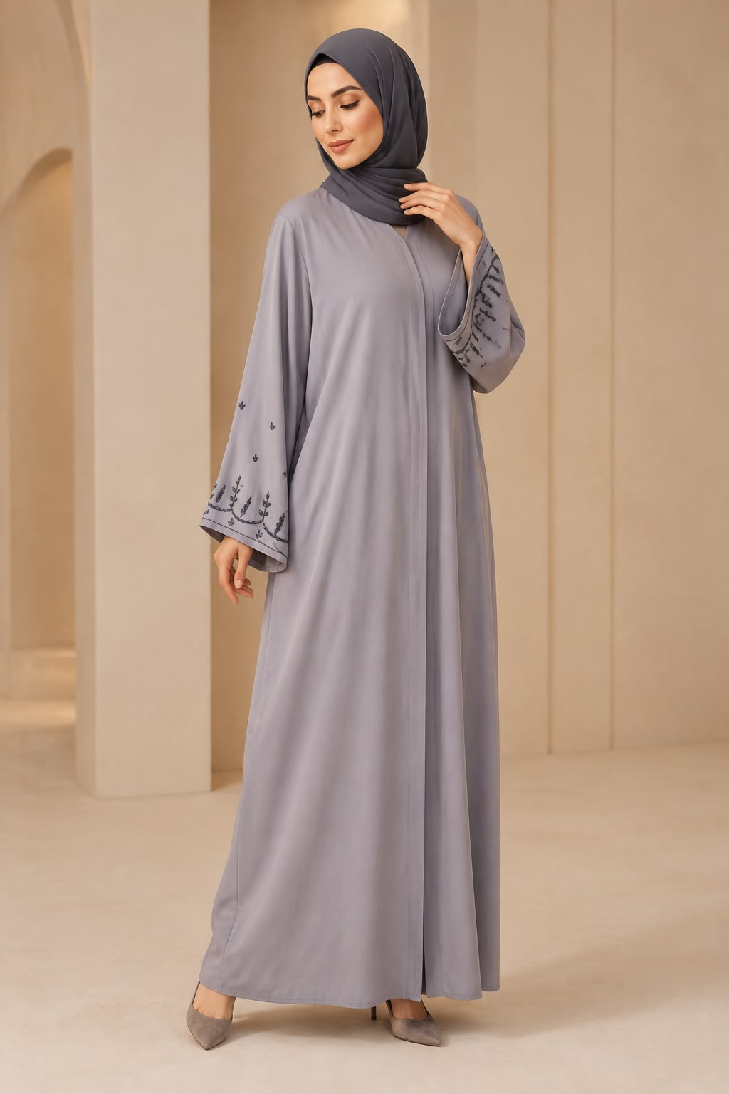 Lavender Grey Botanical Embroidered V-Neck Abaya