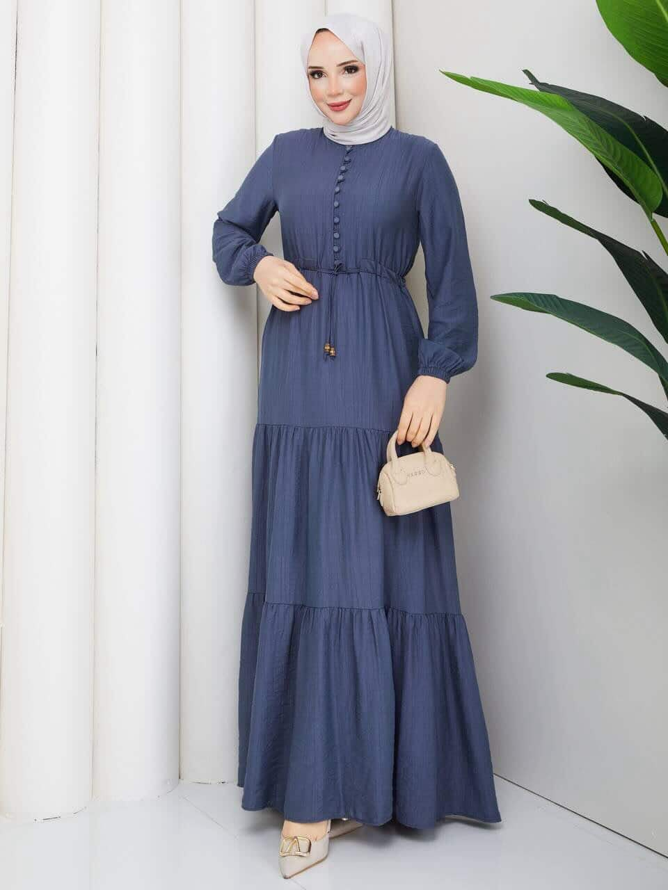 Slate Blue Button-Detail Tiered Maxi Dress