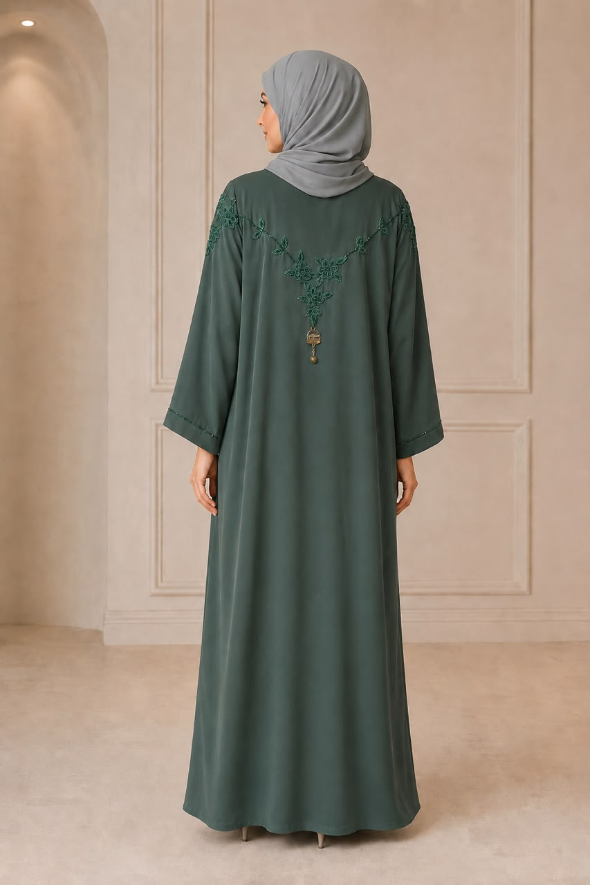 Sage Green Floral Embroidered V-Neck Abaya