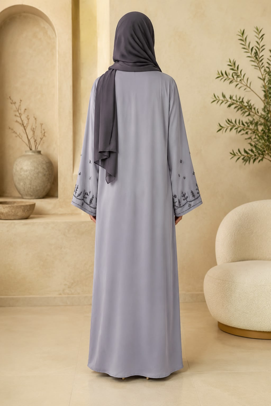 Lavender Grey Botanical Embroidered V-Neck Abaya
