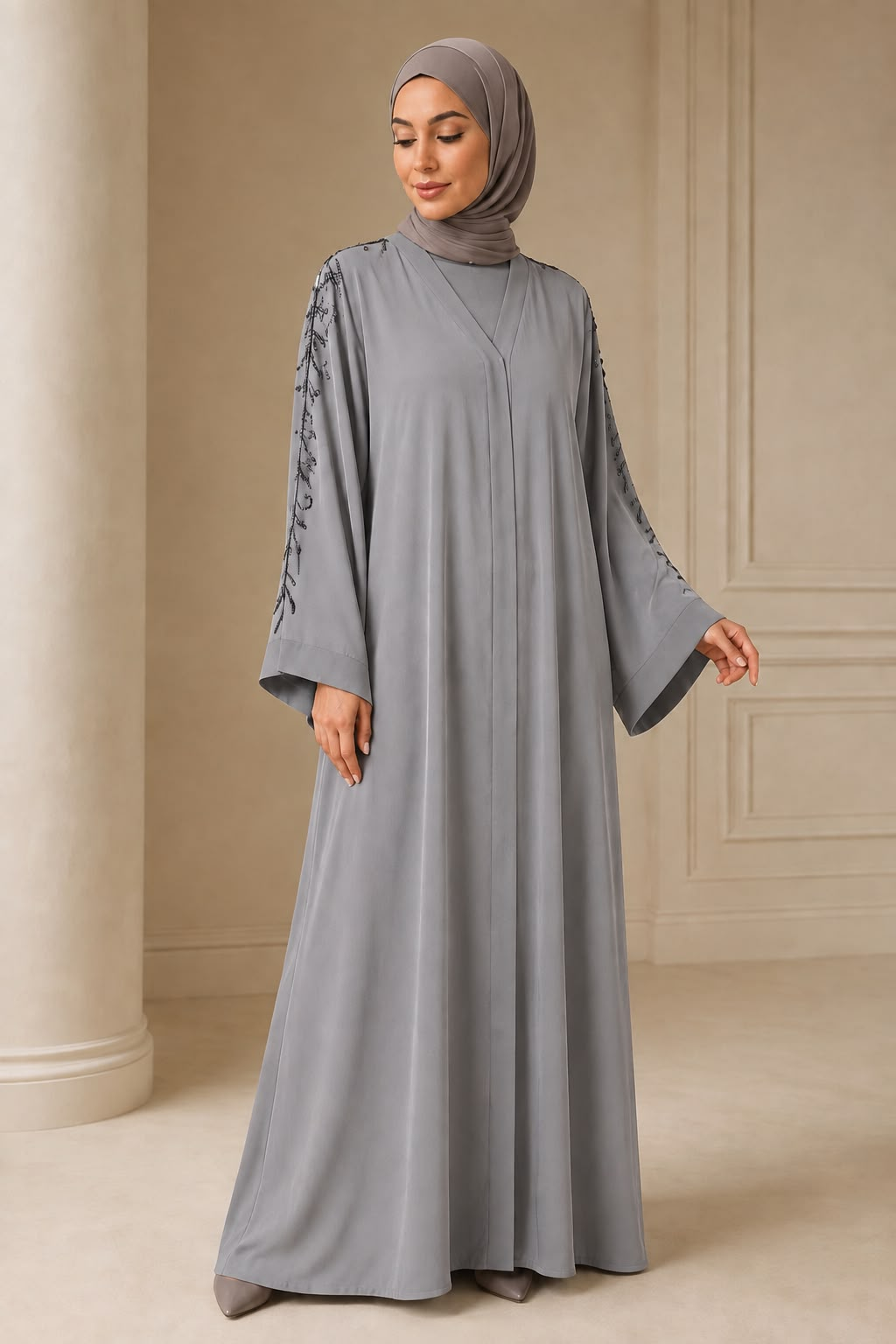 Silver Grey Black Embroidered V-Neck Abaya