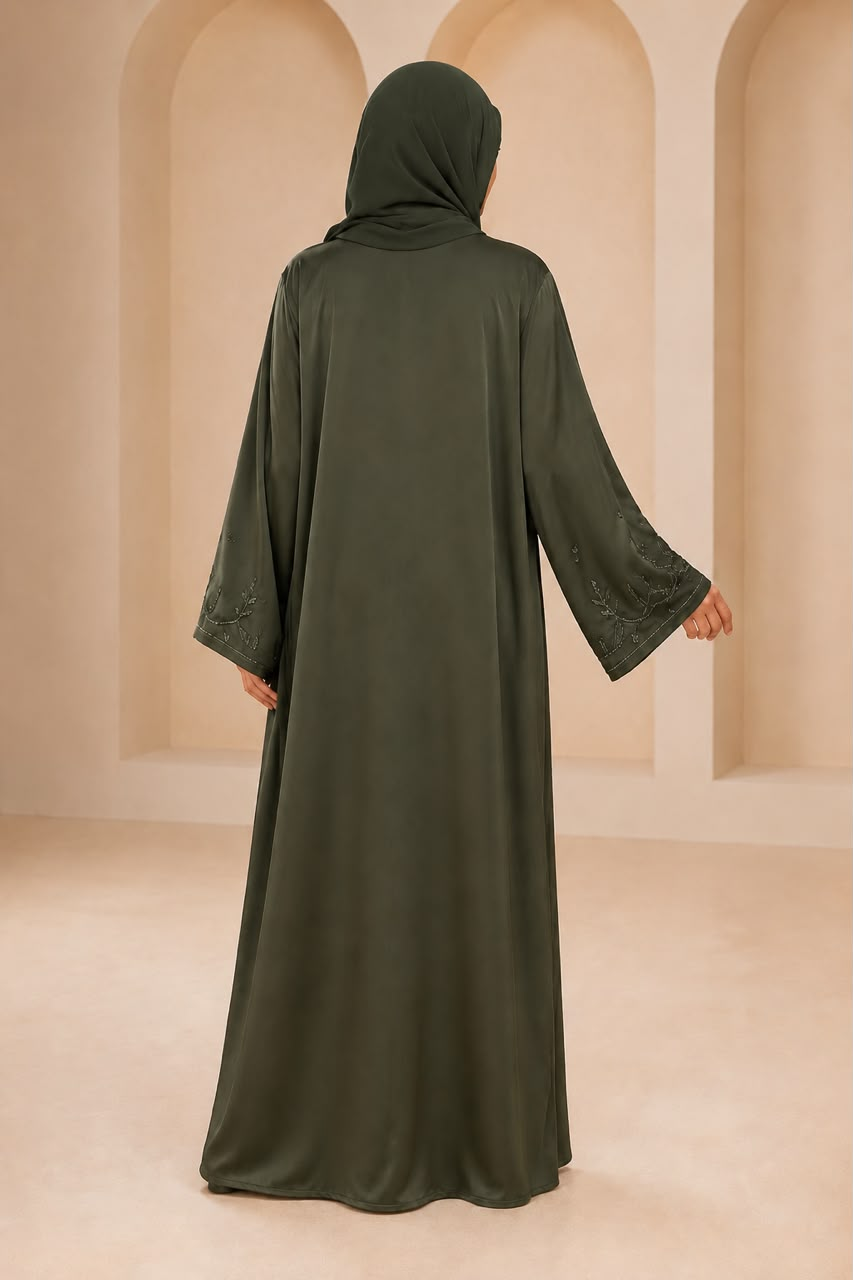 Dark Olive Botanical Embroidered V-Neck Abaya
