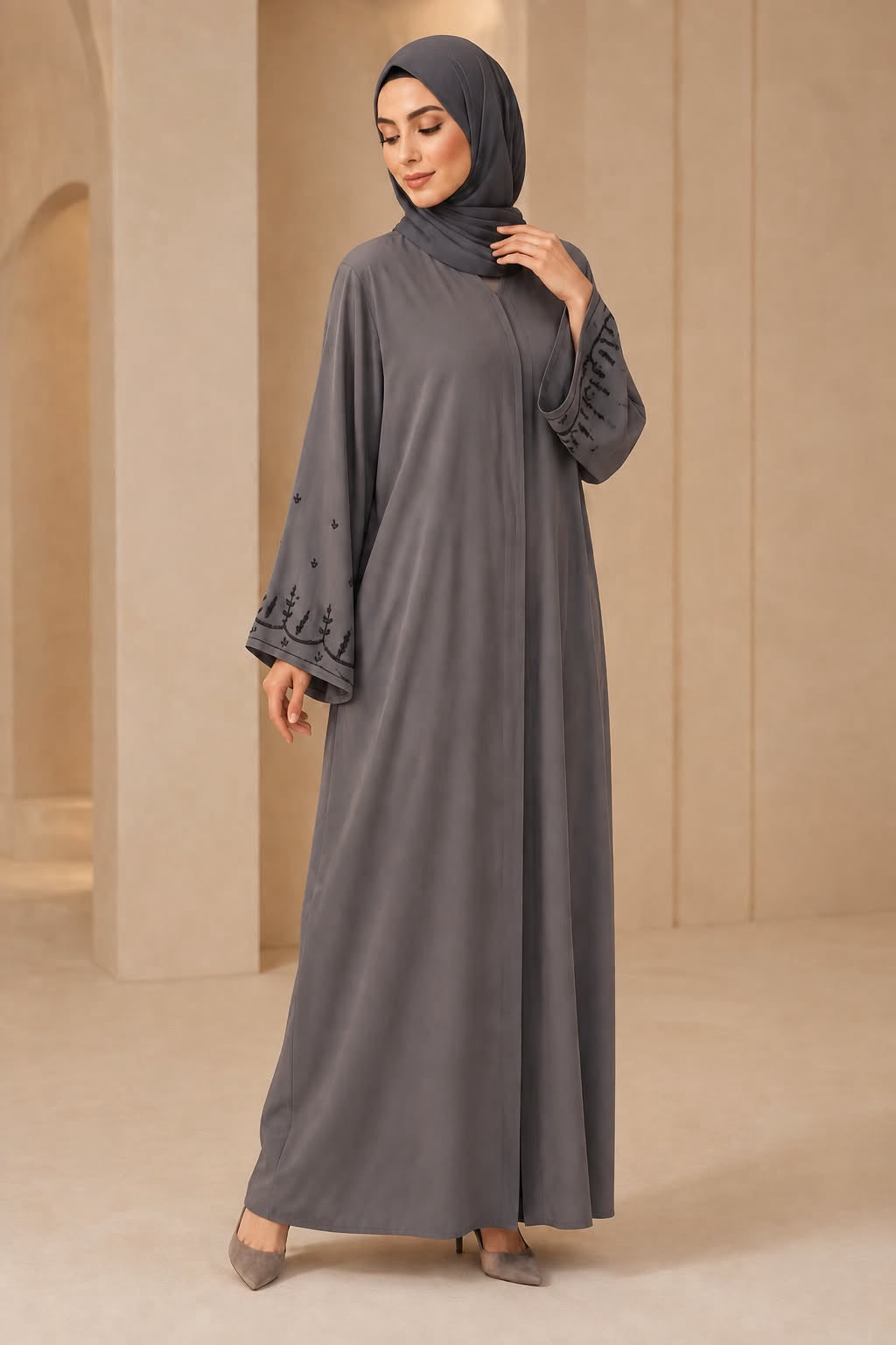 Charcoal Grey Botanical Embroidered V-Neck Abaya
