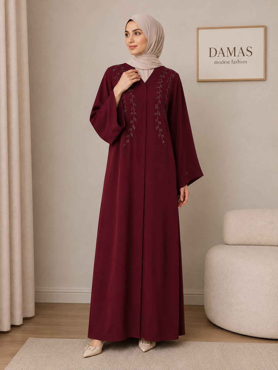 Burgundy Embroidered Occasion Abaya