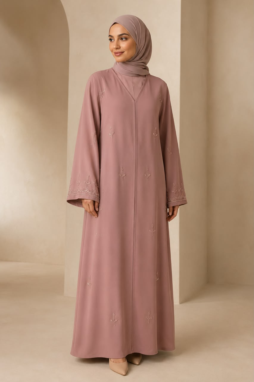 Dusty Rose Botanical Embroidered V-Neck Abaya
