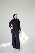 Black Draped Buckle Tunic & Wide-Leg Pants Set