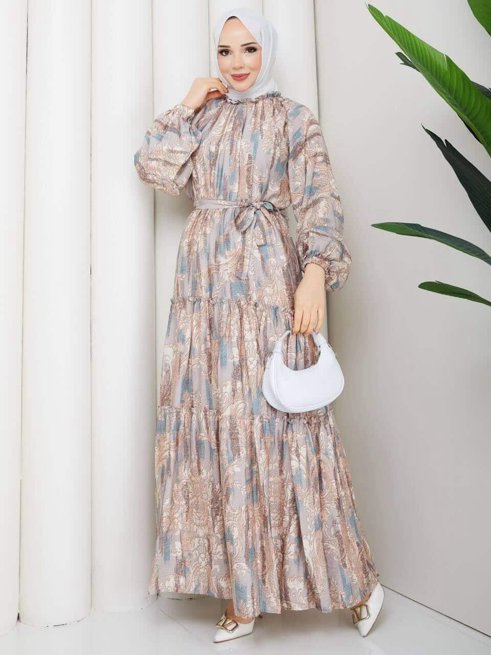 Beige Blue Paisley Print Tiered Maxi Dress
