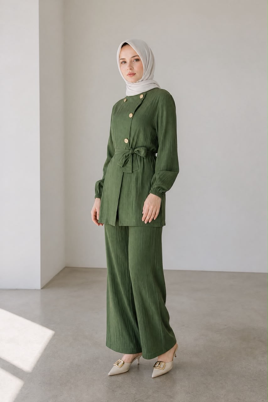 Olive Green Gold-Button Belted Tunic & Wide-Leg Pants Set