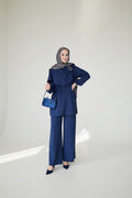 Navy Blue Draped Buckle Tunic & Wide-Leg Pants Set