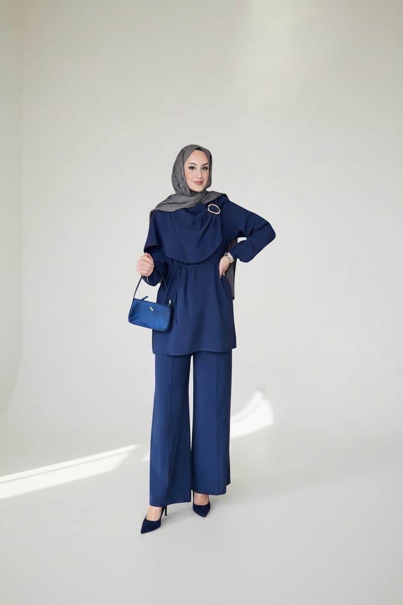 Navy Blue Draped Buckle Tunic & Wide-Leg Pants Set