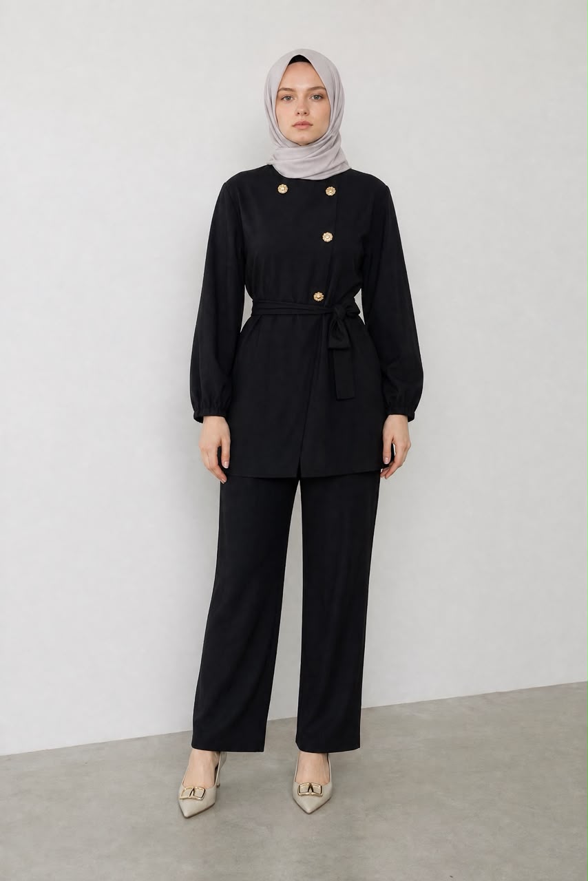 Black Gold-Button Belted Tunic & Wide-Leg Pants Set