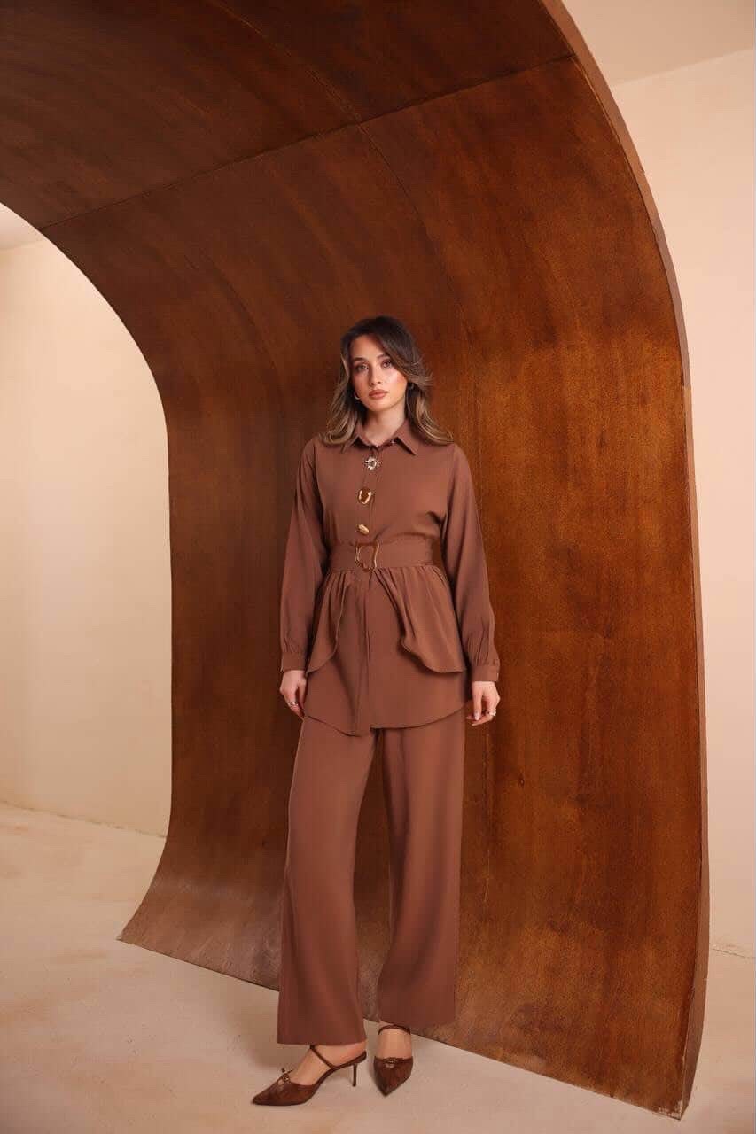 Mocha Brown Peplum Belted Shirt & Wide-Leg Pants Set